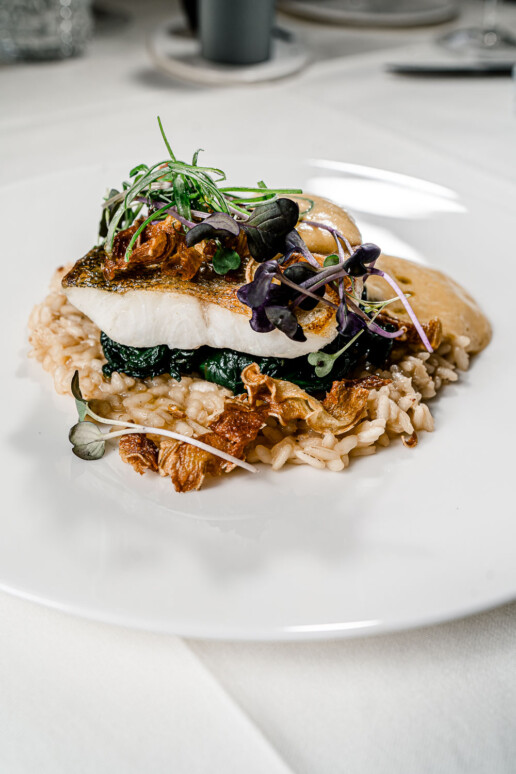 Zürisee Zanderfilet grilliert mit Miso-Nussbutter-Espuma Wurzelspinat frittiertem Ingwer und Tessiner Risotto mit Sezuan Pfeffer im Restaurant Heugümper
