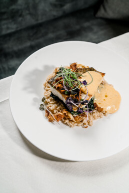 Zürisee Zanderfilet grilliert mit Miso-Nussbutter-Espuma Wurzelspinat frittiertem Ingwer und Tessiner Risotto mit Sezuan Pfeffer